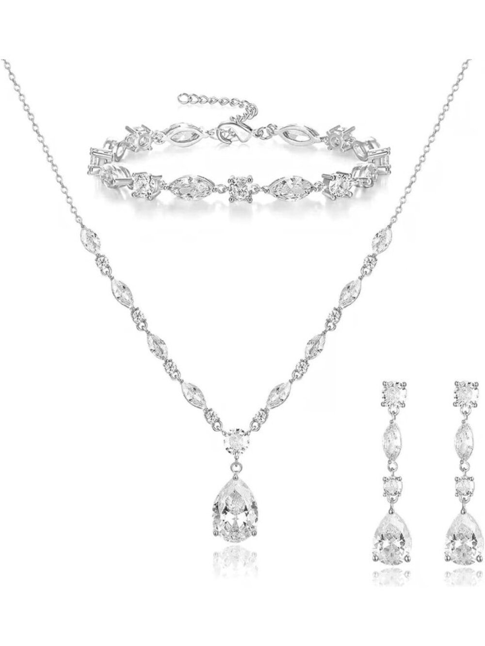 Elegant Bridal Teardrop Jewelry Set: Cubic Zirconia Necklace, Earrings